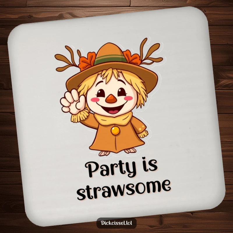 Funny drink coaster featuring a grinning scarecrow character waving a friendly hand, protecting surfaces with autumn humor.