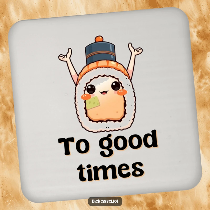 Funny sushi celebration coaster depicting a sushi roll in a party hat, arms raised in celebration, protecting surfaces with humor.