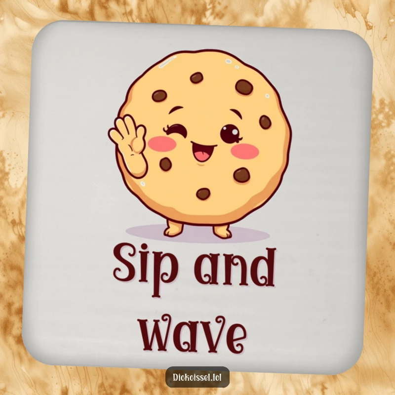 Funny winking cookie coaster depicting a cheerful cookie character winking and waving, protecting surfaces with charm.
