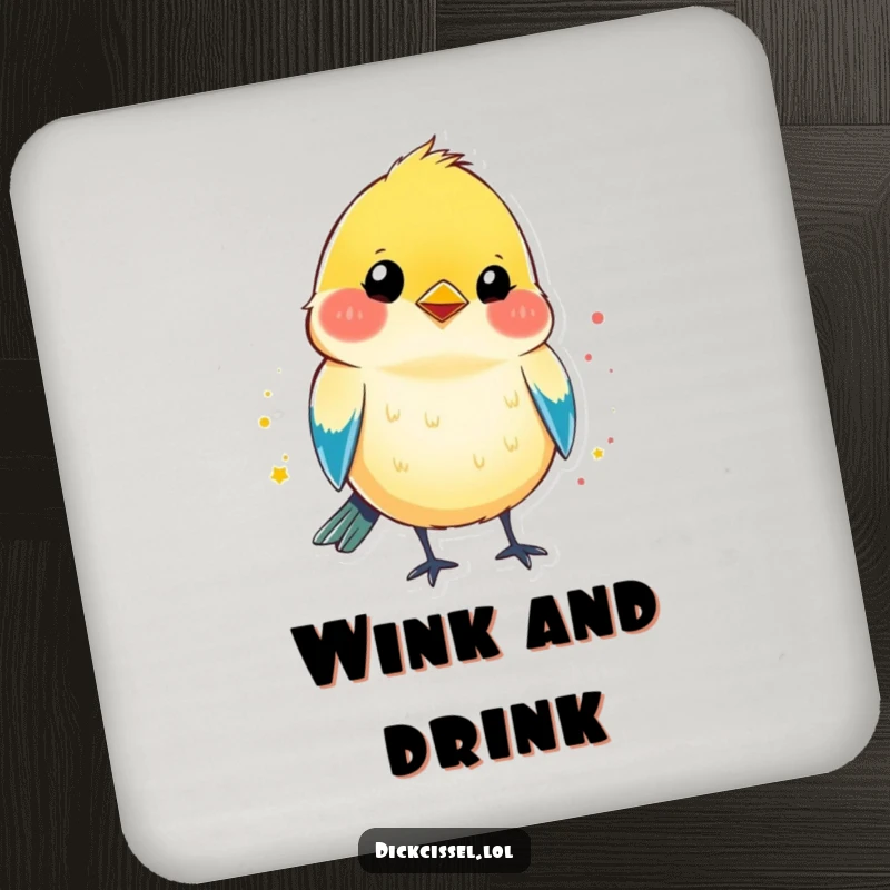 Funny drink coaster showcasing a colorful dickcissel bird shape with a bright splash of color and a playful wink.