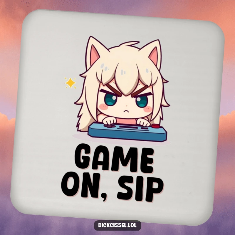 Funny drink coaster featuring a character with a comically determined expression, intensely focused on a video game.