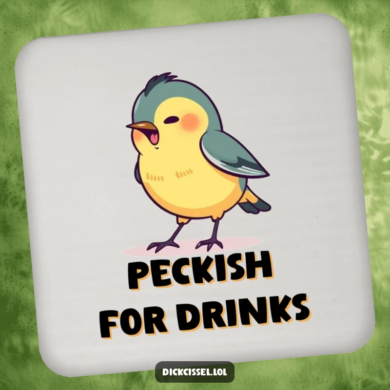 Funny drink coaster featuring a stylized dickcissel bird excitedly pecking at a tiny, glowing dot.