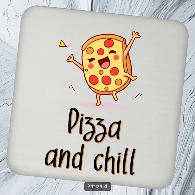 Funny pizza cartwheel coaster, a slice doing a celebratory spin, protecting surfaces with fun. A functional and humorous accessory.