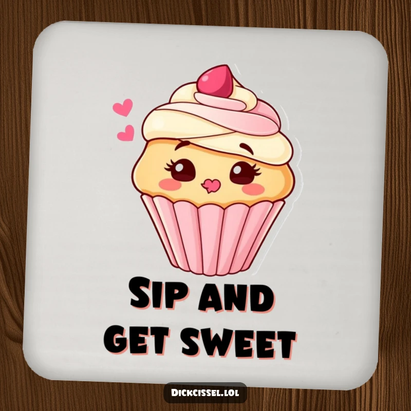 Funny Drink Coaster featuring a cute cupcake character blowing a kiss of frosting, protecting surfaces with a sweet, humorous design.