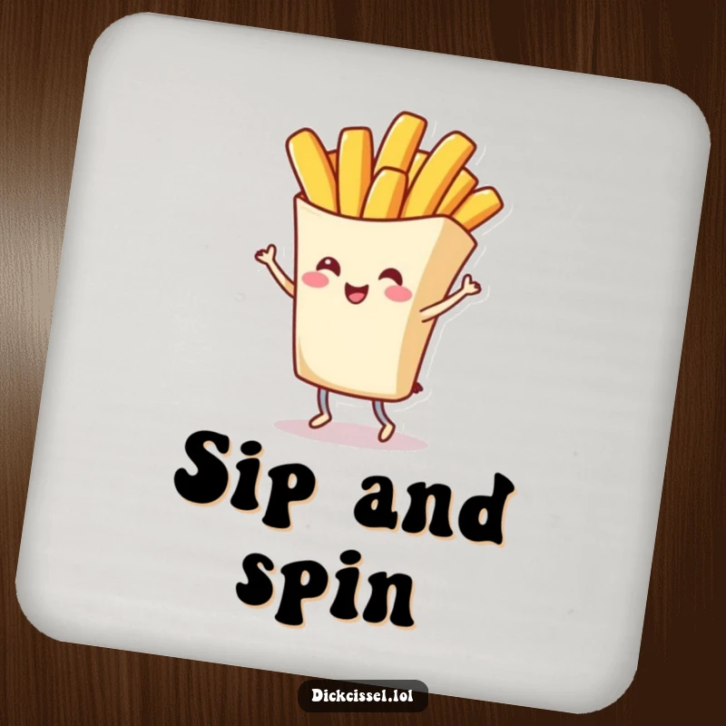 Funny drink coaster featuring a cheerful french fry character doing a grand twirl, adding a playful and protective touch to tables, a great funny gift.