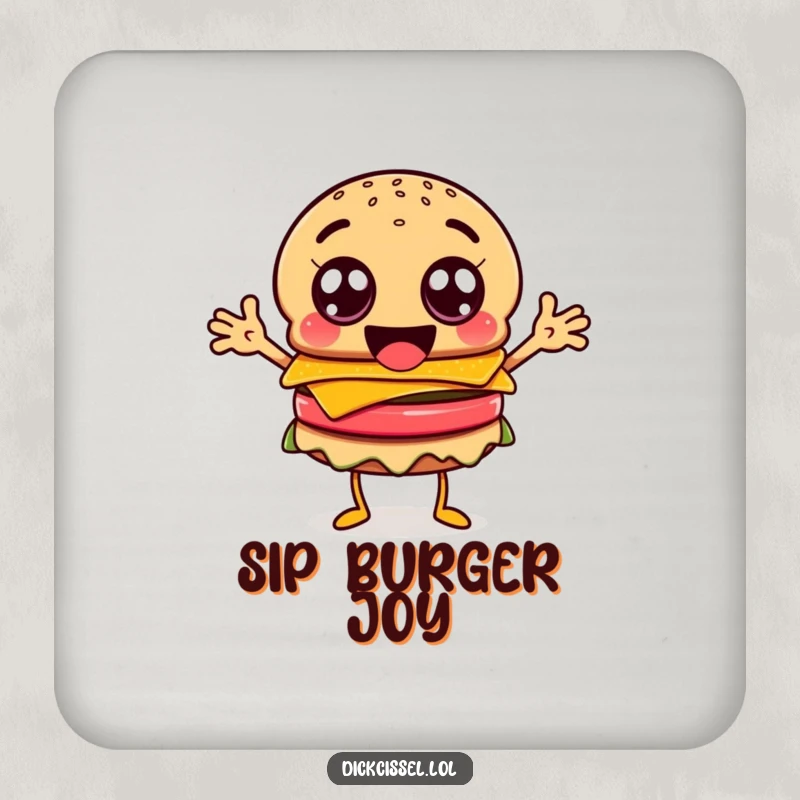 Funny burger character coaster, with googly eyes and flailing arms, for stylish protection.