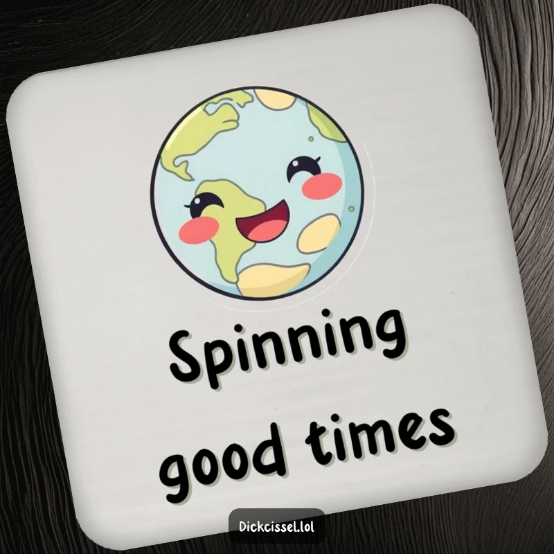 Funny happy planet drink coaster showing a smiling planet doing a playful spin, protecting surfaces funnily.