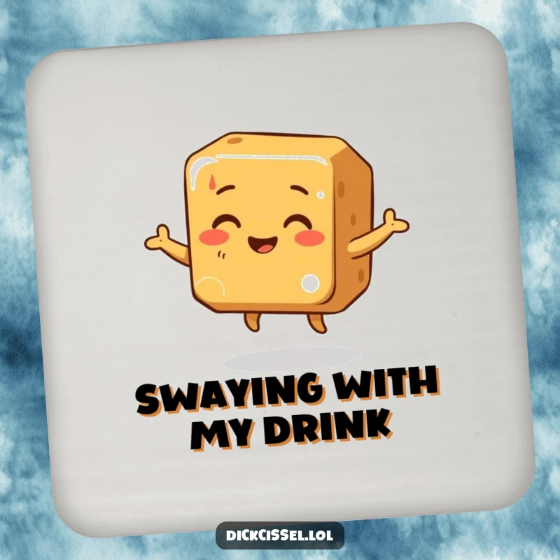 Funny Drink Coasters featuring a smiling caramel cube doing a wobbly happy dance, perfect for adding sweetness and fun.