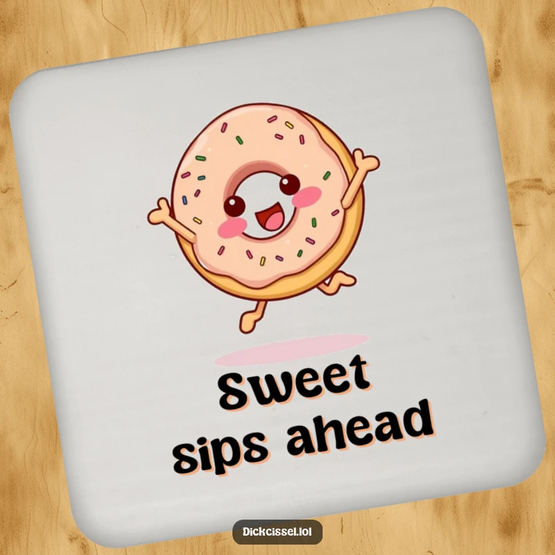 Funny cheerful donut coaster depicting a happy, sprinkled donut in a playful leap, protecting surfaces with sweetness.