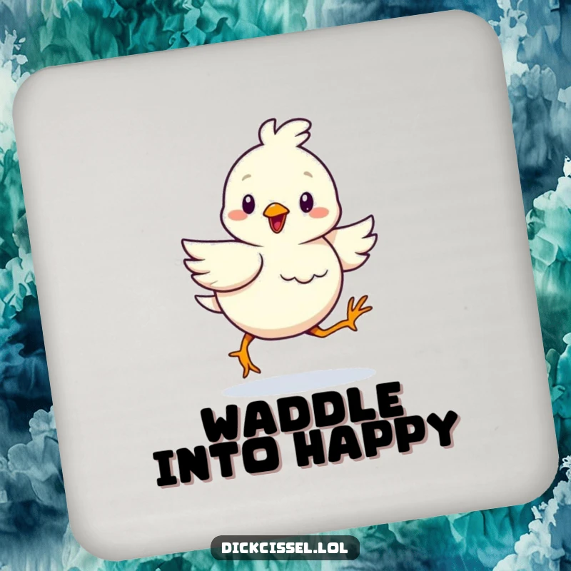 Funny drink coaster with a cheerful bird waddling determinedly, adding humor and protecting surfaces.
