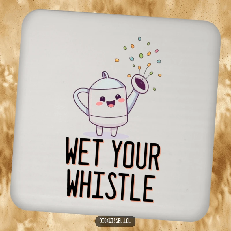 Funny watering can character spraying a vibrant rainbow, a charming and protective addition to any tabletop.