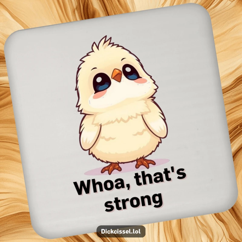 Funny drink coaster with a fluffy bird tilting its head up, eyes wide with wonder. Protective accessory.