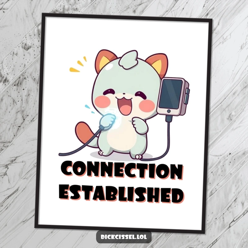 Funny poster art of a creature excitedly plugging a vibrant, glowing cable into a futuristic device, celebrating technology.