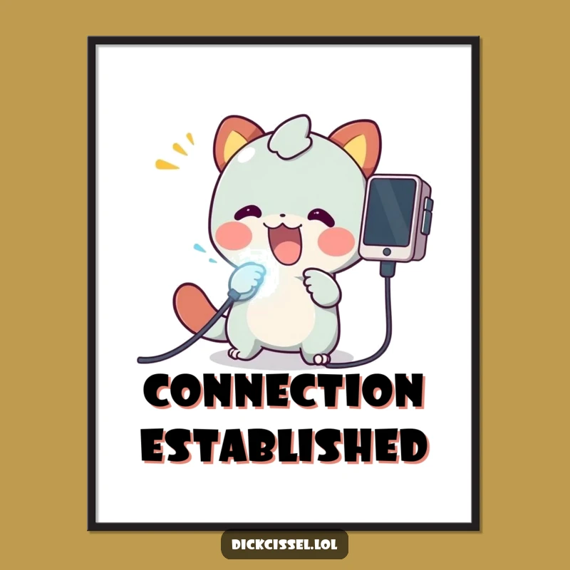 Funny Tech Wall Art Poster: Creature Plugging Glowing Cable - Geeky Decor!