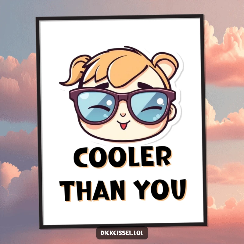 Funny poster art of a sticker featuring cool sunglasses winking cheekily, bringing a cool and playful vibe.