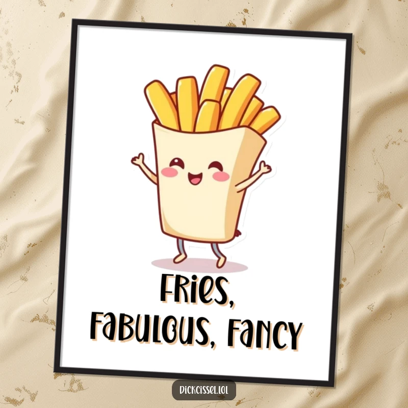 Funny poster print of a cheerful french fry character doing a grand twirl, bringing dynamic fun and visual interest to any wall, excellent funny gift.