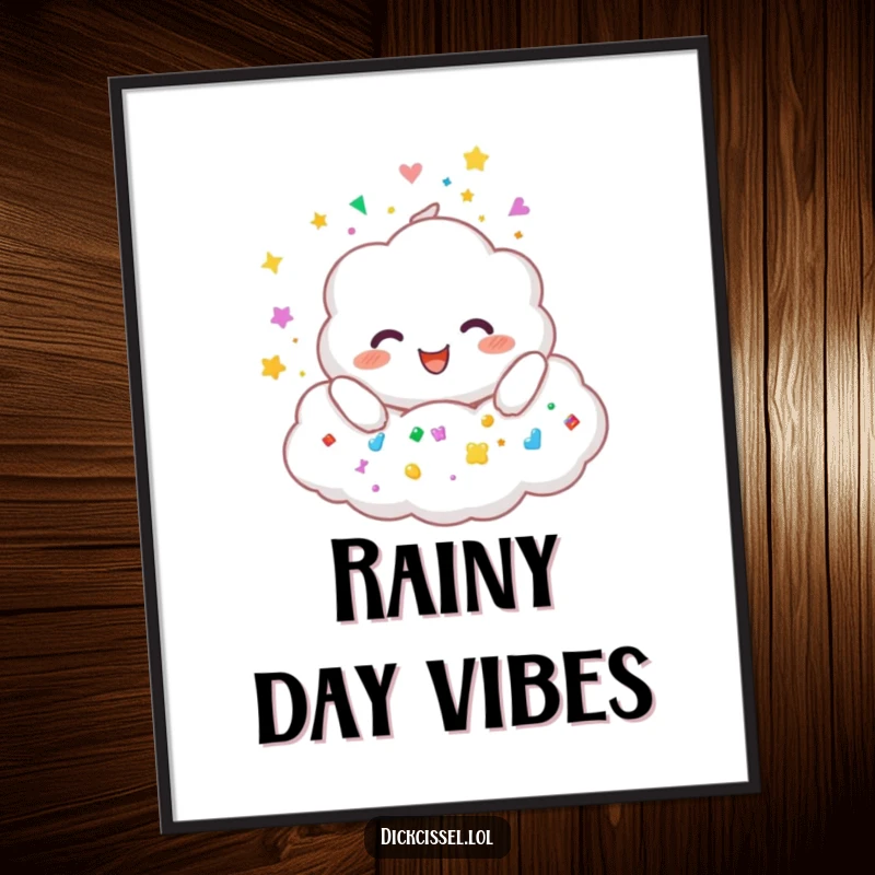 Funny poster art of a cheerful, fluffy cloud character happily raining down a vibrant assortment of colorful stickers.