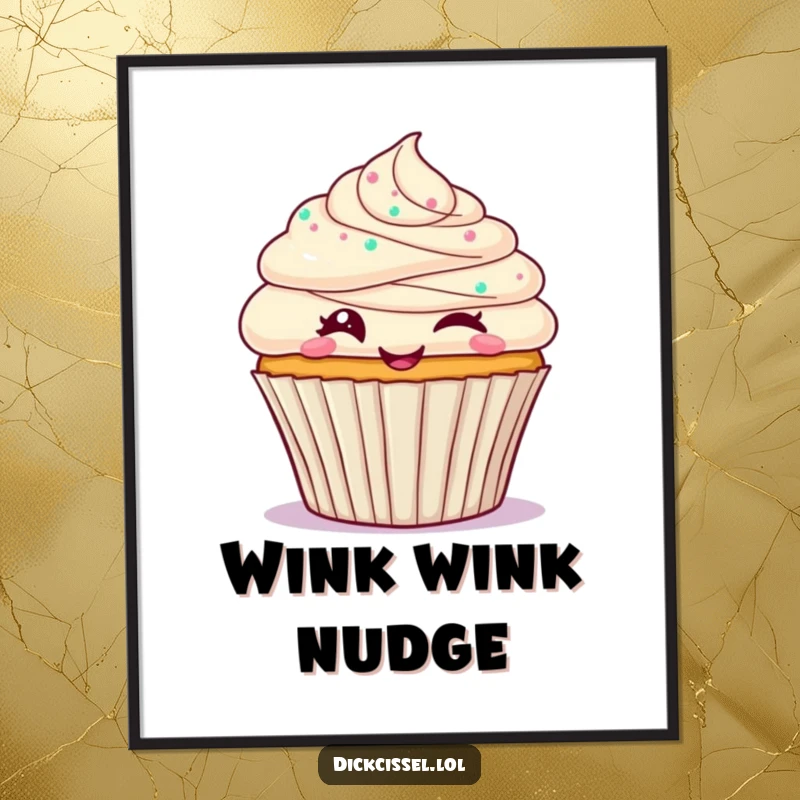 Funny cupcake poster displaying a frosted cupcake character giving a happy, inviting wink, perfect for adding sweet and playful wall art.