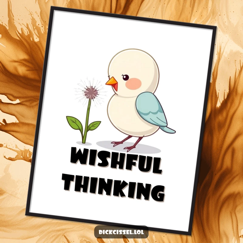 Funny poster art of a cute bird humorously pecking a dandelion puff, adding whimsical charm to any wall.