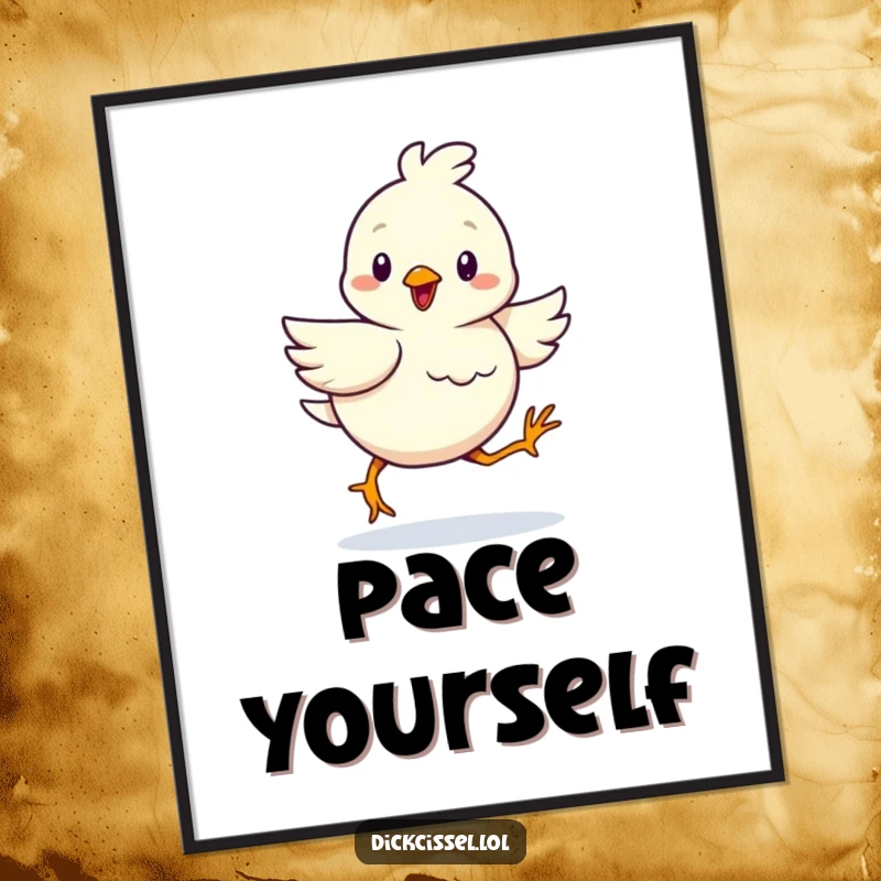Funny poster art of a cheerful bird waddling with determination, conveying a message of perseverance and joy.
