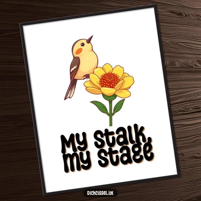 Funny Dickcissel Bird Poster: A whimsical dickcissel bird captured mid-chirp from a sturdy flower stalk, adding joy.