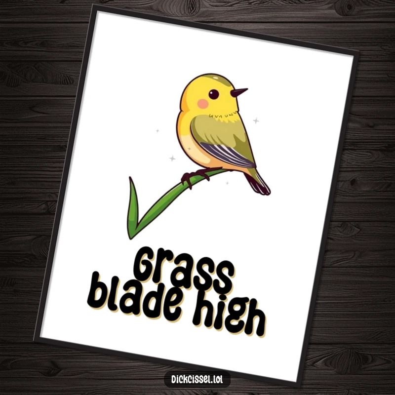 Funny poster art depicting a dickcissel bird shape poised delicately on the pointy tip of a single blade of grass.