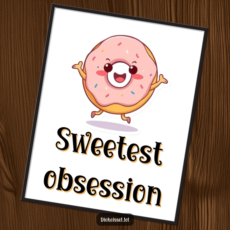 Funny poster featuring a cheerful doughnut character doing a happy jig, adding vibrant fun to wall decor.