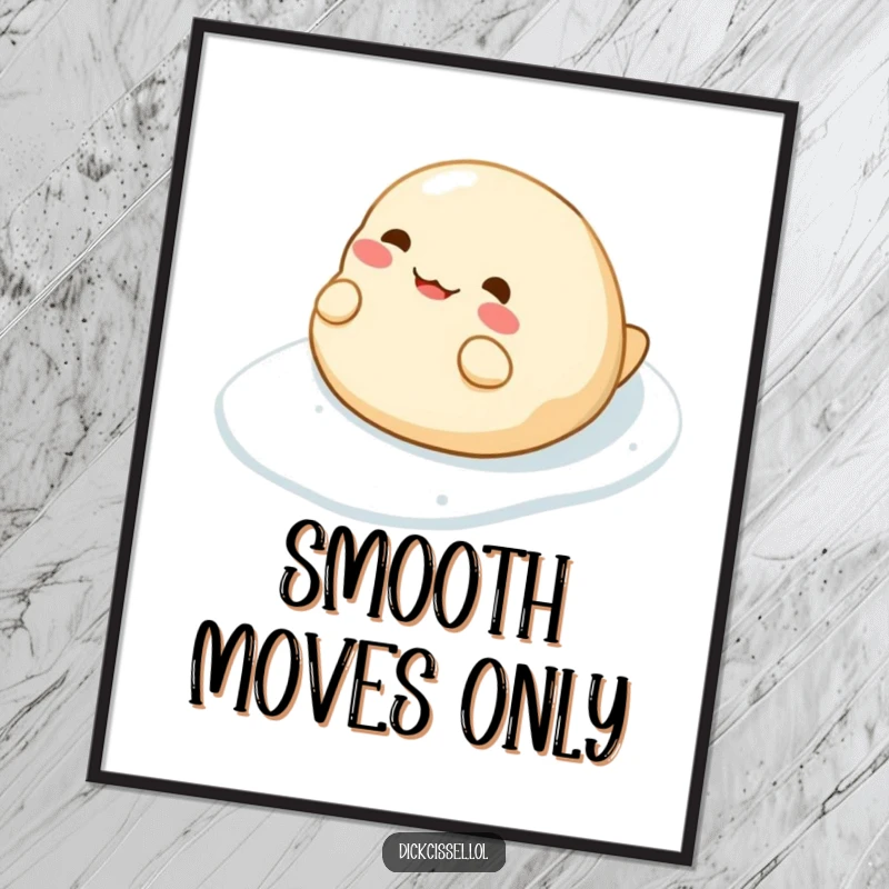 Funny poster art of a cheerful dumpling character sliding with glee down a slippery surface, a whimsical piece.