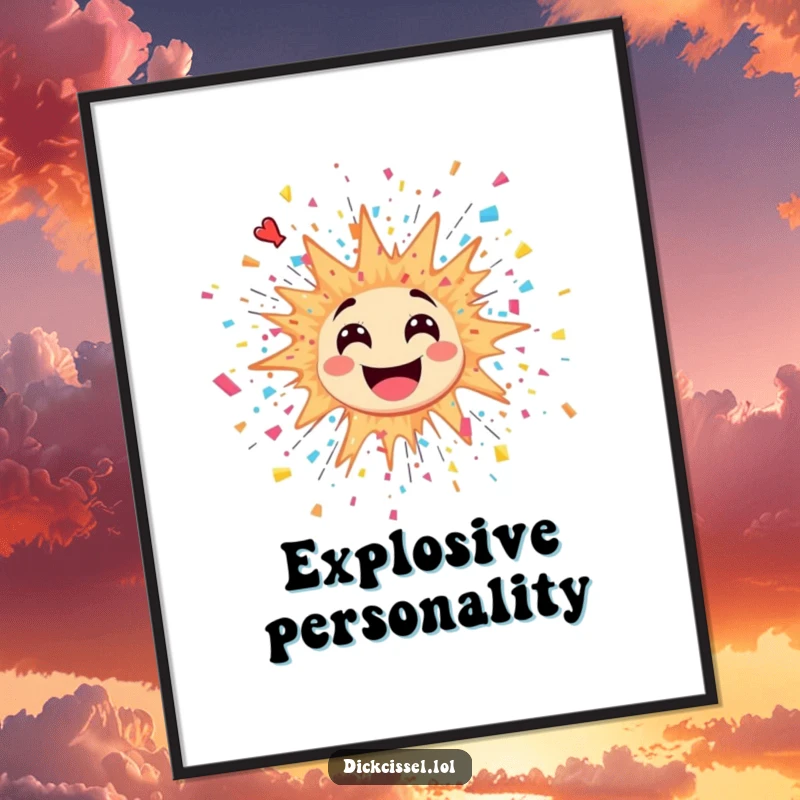 Funny poster art of a sticker featuring a vibrant explosion with colorful confetti and streamers bursting outward.