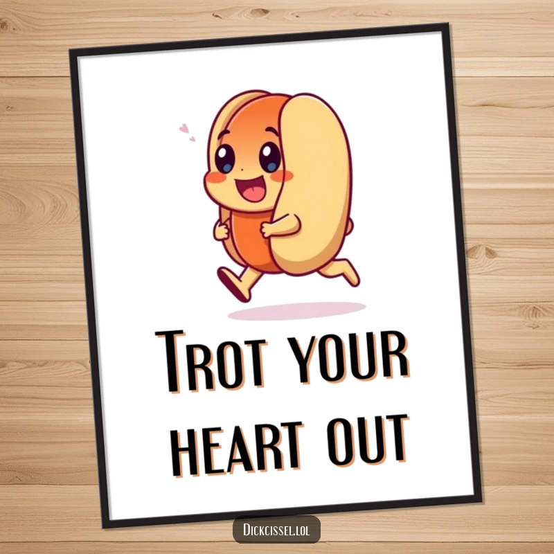 Funny Poster depicting a smiling hot dog character doing a happy trot, bringing energetic cheer and humor to any room.