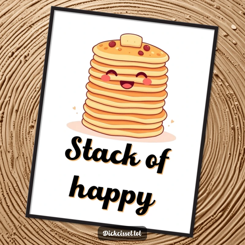 Funny pancake poster depicting a stack of happy pancakes bouncing together, bringing cheerful breakfast vibes to any room.