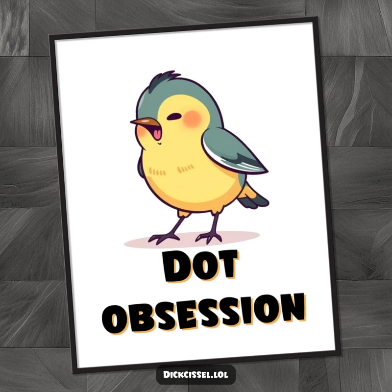 Funny poster artwork of a stylized dickcissel bird excitedly pecking at a tiny, luminous glowing dot.