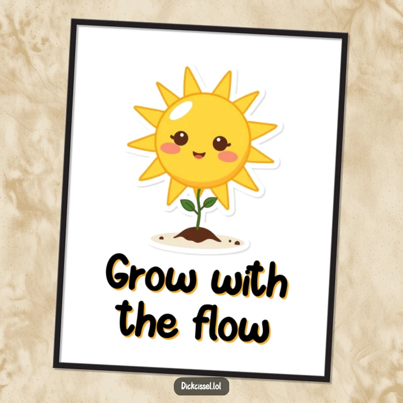 Funny beaming sun character shining on a delicate seedling, creating a hopeful and inspiring piece of wall art.