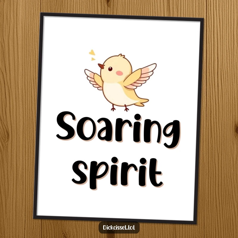 Funny poster of a tiny bird captured mid-air, wings spread wide in happy flight, conveying pure, unadulterated joy. Wall art.