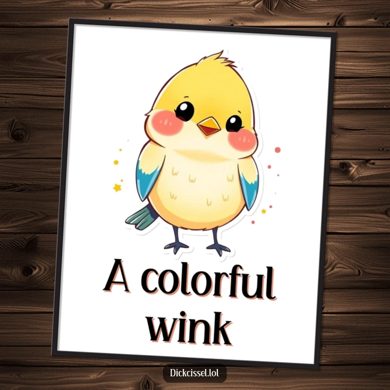Funny poster artwork of a dickcissel bird shape adorned with a bright splash of color and a mischievous wink.