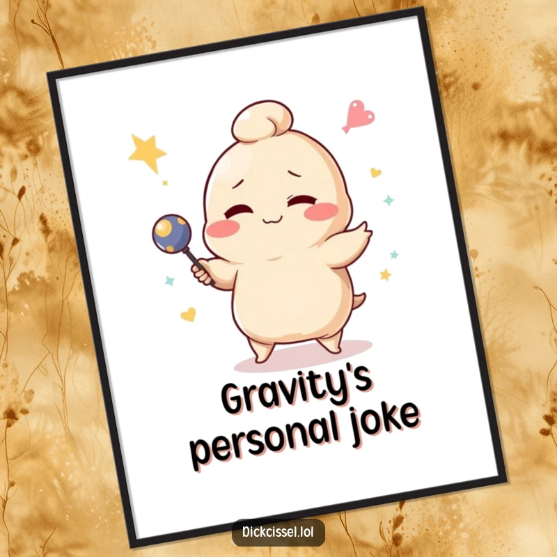 Funny winking dumpling character hilariously failing at juggling, depicted as vibrant wall art for humor.