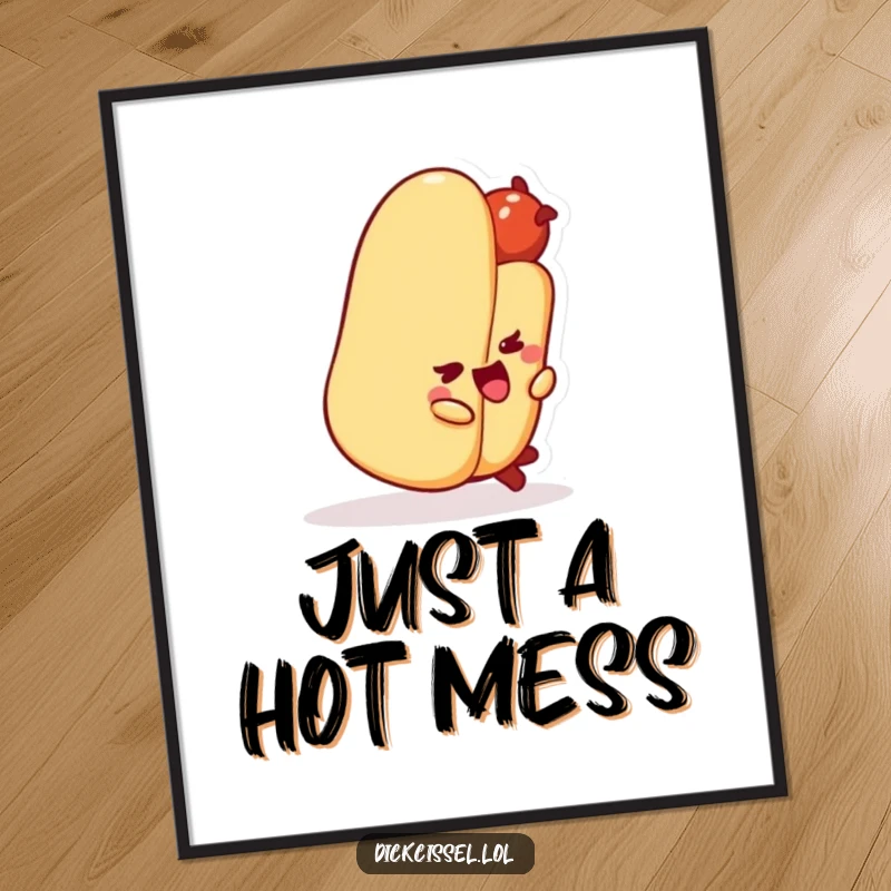 Funny hot dog character hilariously tripping over its bun, depicted as vibrant wall art for humor.