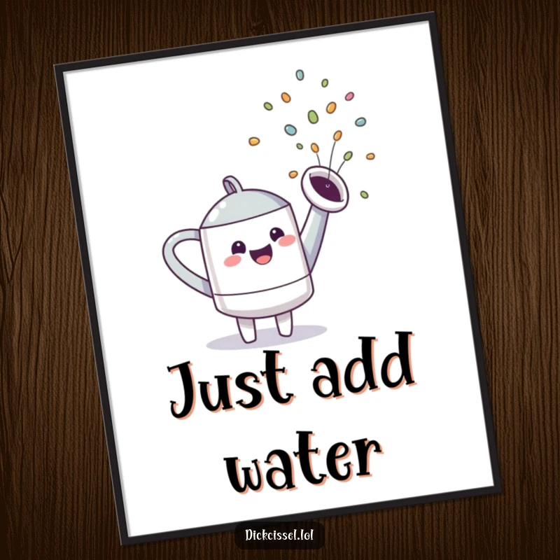 Funny watering can character happily spraying a vivid rainbow, creating a cheerful and whimsical atmosphere for decor.