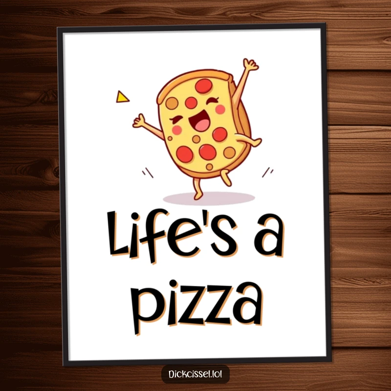 Funny pizza cartwheel poster, a slice doing a celebratory spin, dynamic and playful wall art. Adds energy and fun to decor.