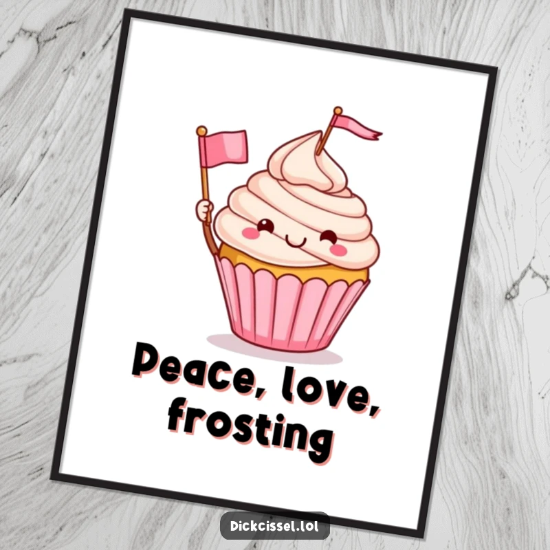 Funny poster print featuring a cute cupcake character waving a tiny flag, adding a touch of sweetness and humor to any wall decor, excellent funny gift.