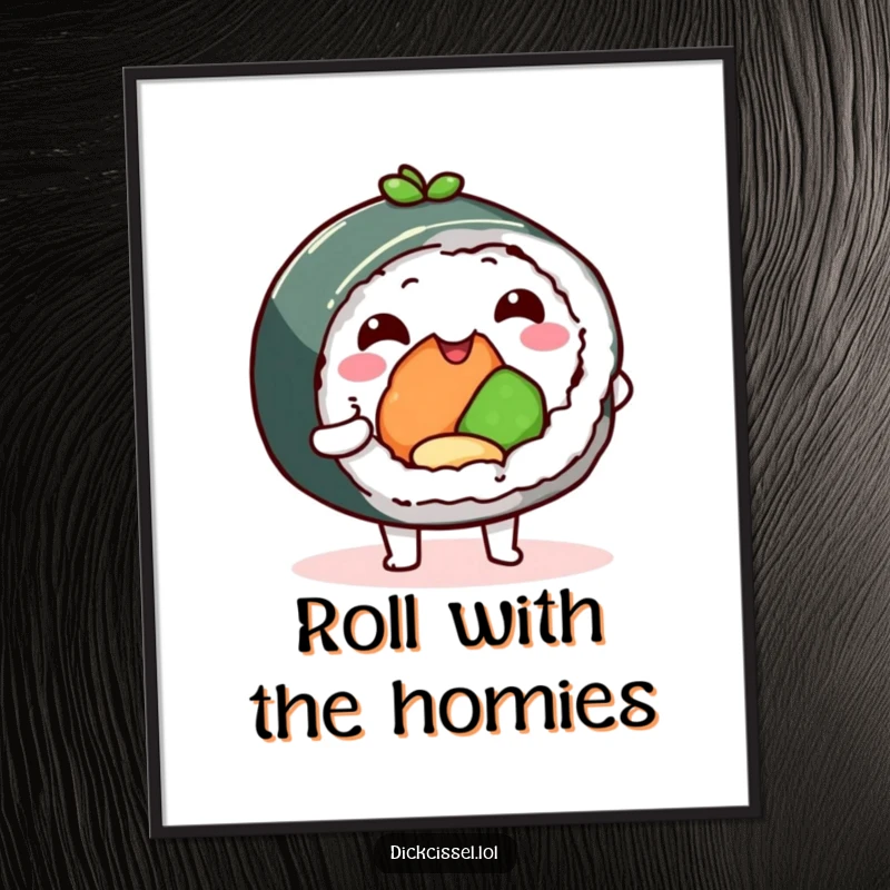 Funny sushi roll poster, happy character offering a delicious bite, adding vibrant and playful wall art. Ideal for foodie decor.