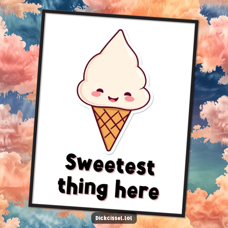 Funny ice cream cone poster, smiling and offering a cone, adding sweet decor to walls.