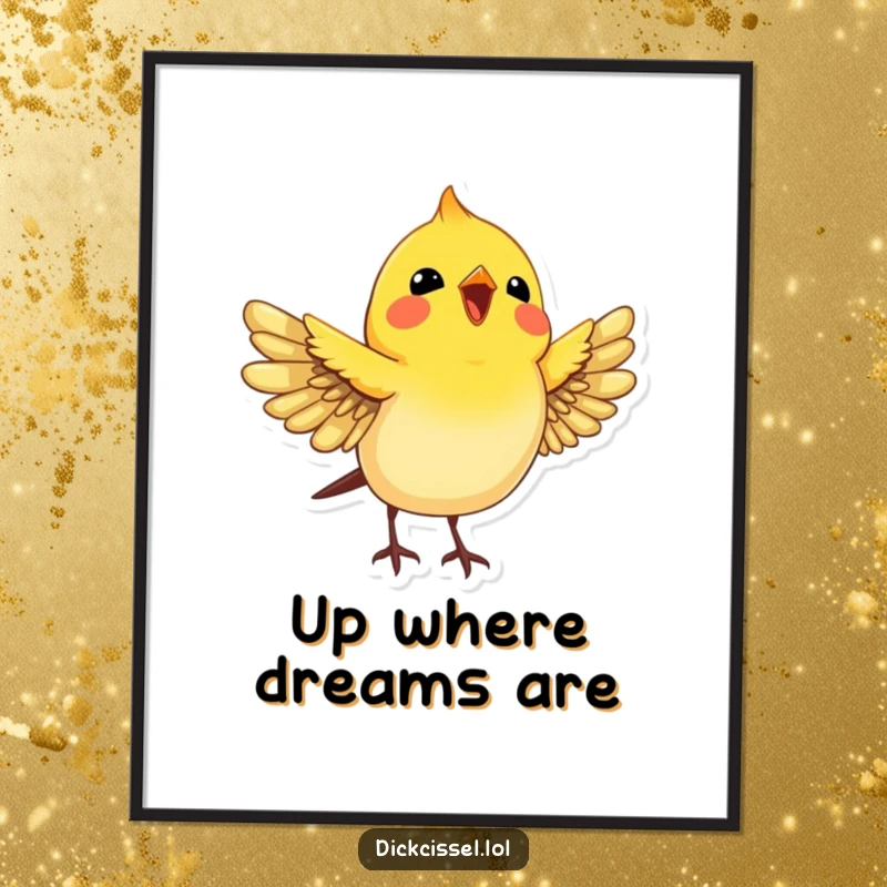 Funny Dickcissel Bird Poster: A joyful dickcissel bird with wings slightly spread, looking up with an expression of pure bliss.