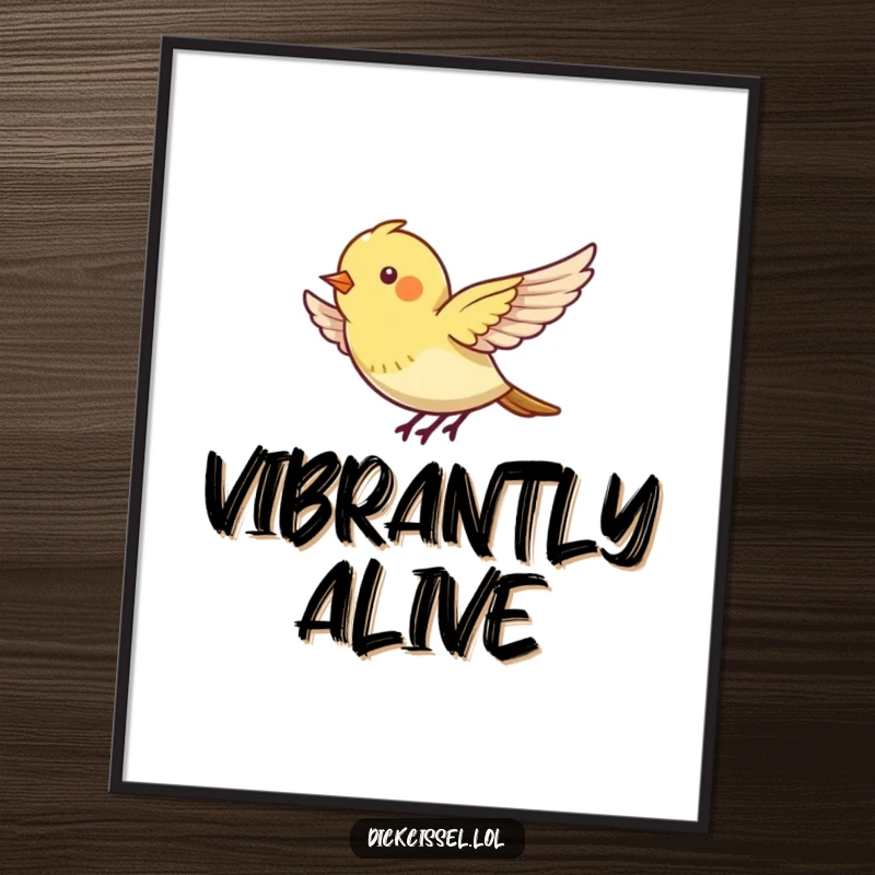 Funny poster art of a tiny bird energetically flapping its wings, appearing to hover with lively intent.