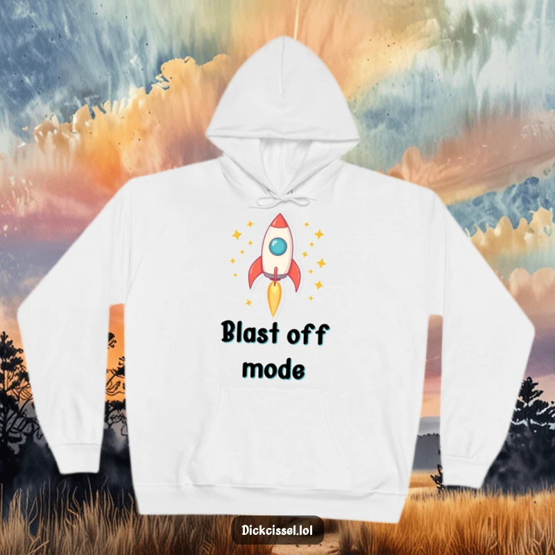 Funny rocket hoodie showing a rocket blasting off with a trail of stars, perfect for cozy voyages.