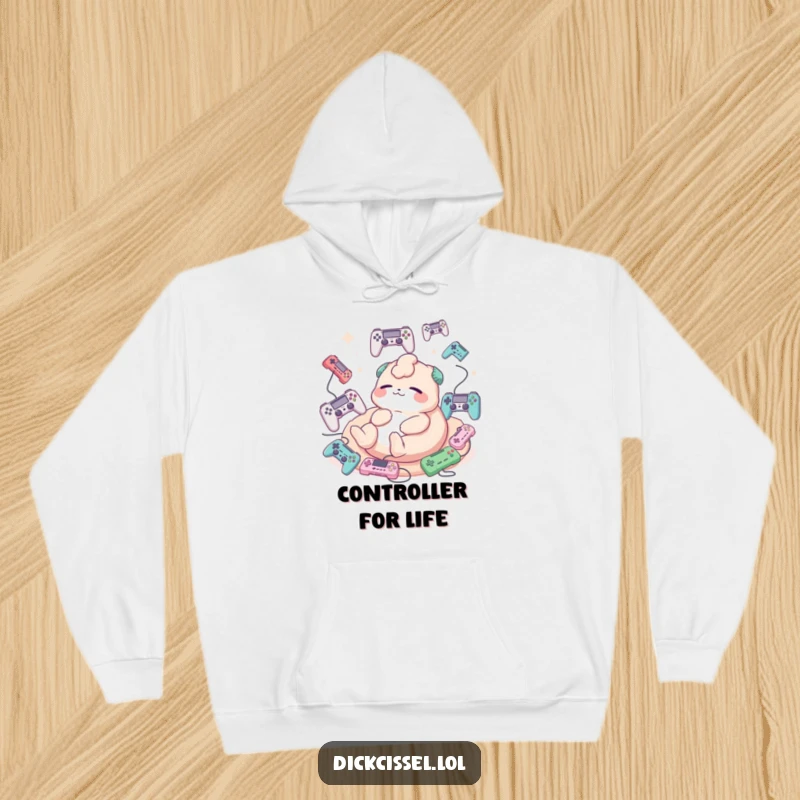 Funny hoodie depicting a creature in a relaxed pose, with multiple game controllers floating around it.
