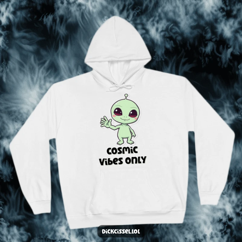 Funny Hoodie featuring a mischievous alien giving a funny wave, providing warmth and humorous, cosmic-themed comfort.