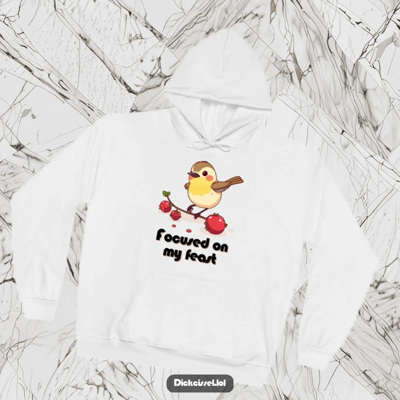 Funny Dickcissel Bird Hoodie: A warm hoodie featuring an energetic dickcissel bird focused on pecking a juicy berry.