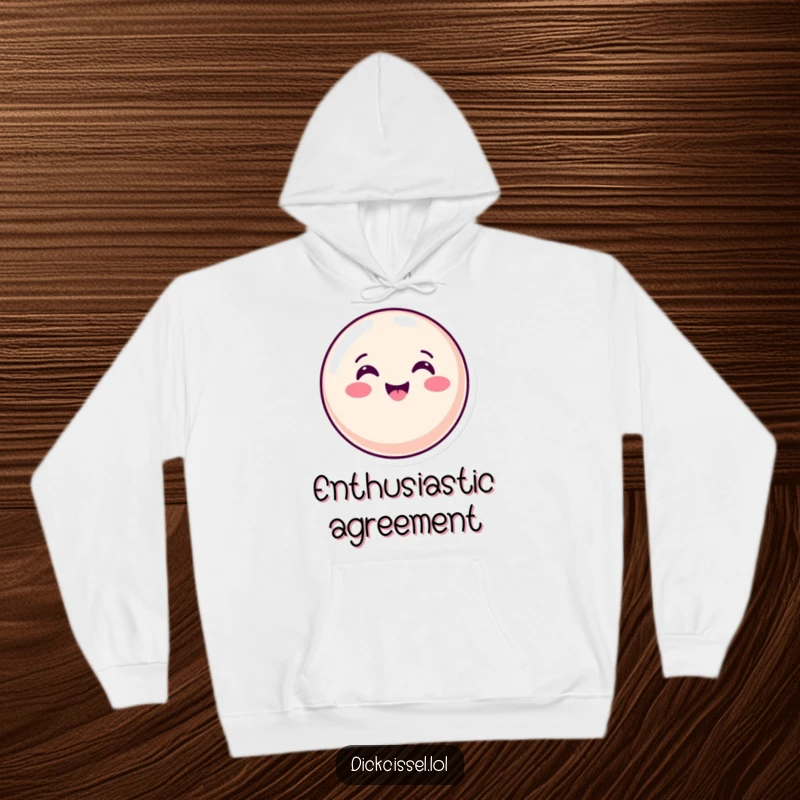 Funny Hoodie featuring a happy candy button giving an energetic nod, perfect for cozy wear and spreading positive vibes.