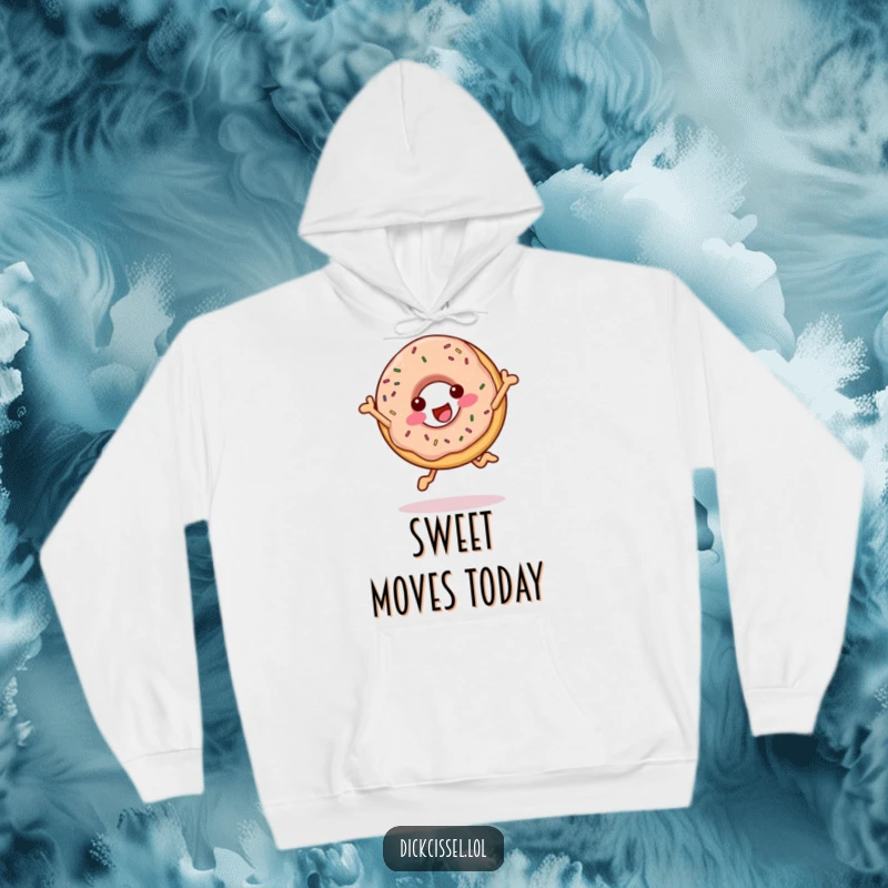 Funny cheerful donut hoodie featuring a happy donut doing a playful leap, covered in sprinkles, warm and enjoyable.